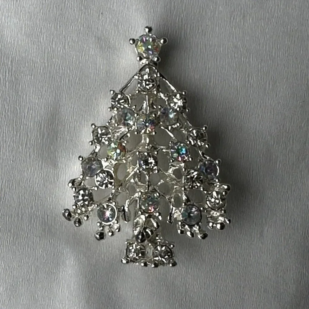 VTG Christmas Tree Brooch Pin 2 Inch Silver‎ Rhodium Multicolor AB Rhinestones